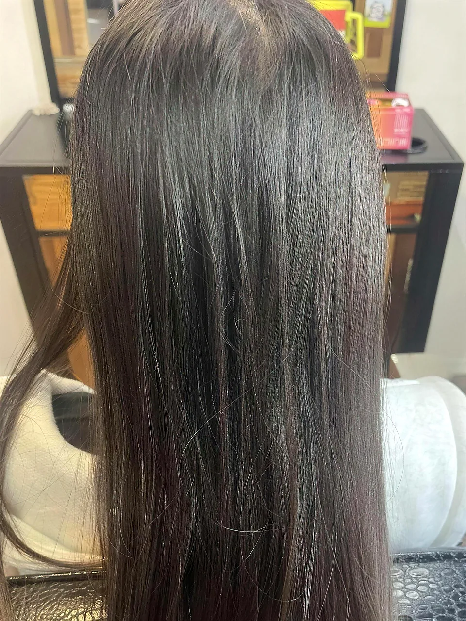 The same client before: flat, one-tone dark brown with dry, wispy ends.