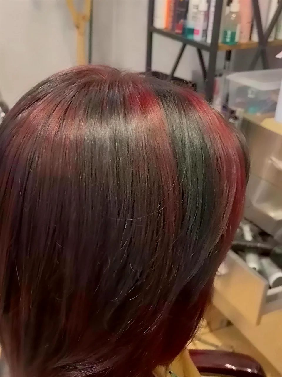 After: an even, rich burgundy running evenly from root to ends.