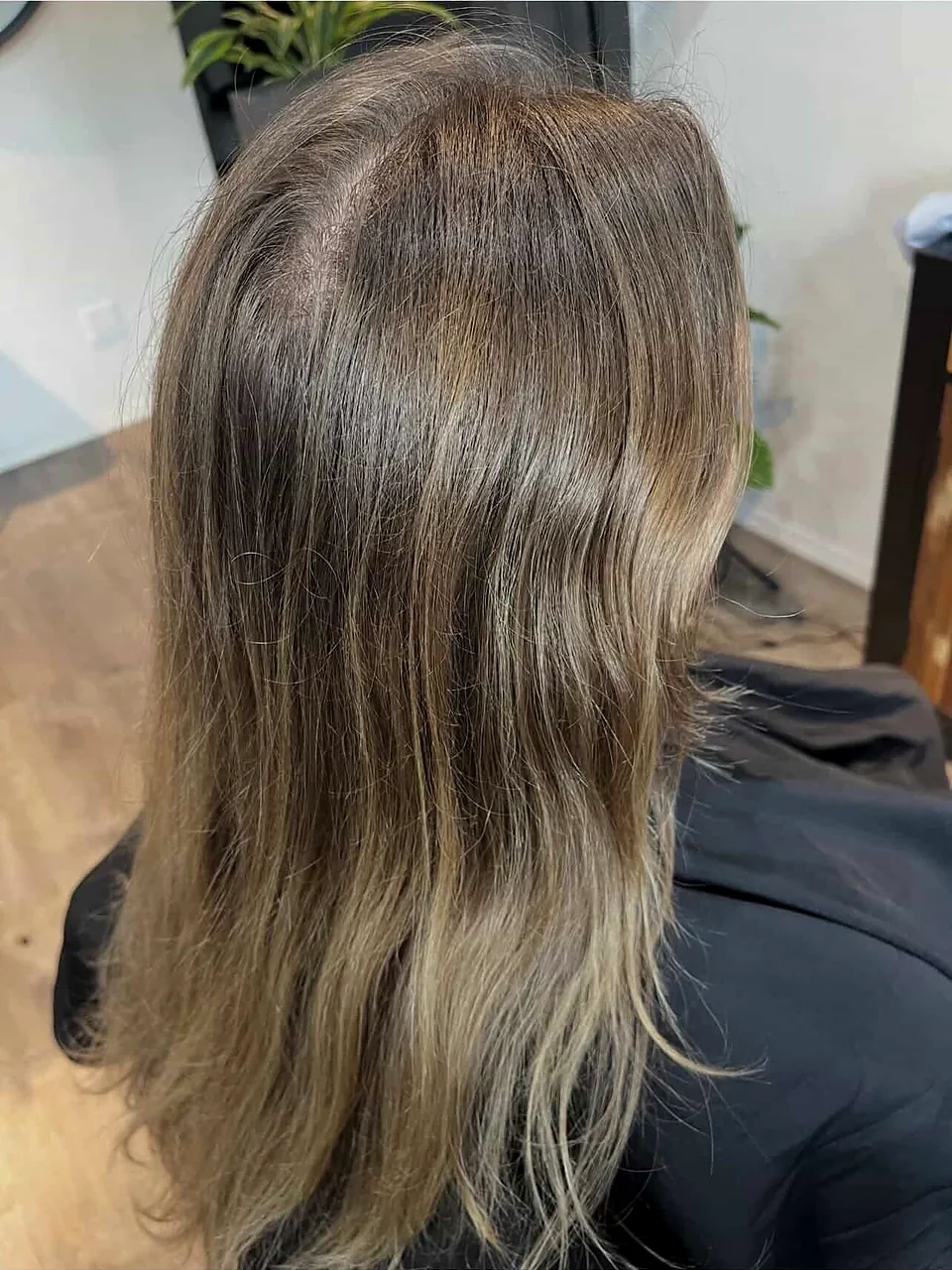 Before: grown-out roots over flat, brassy ends with no dimension.